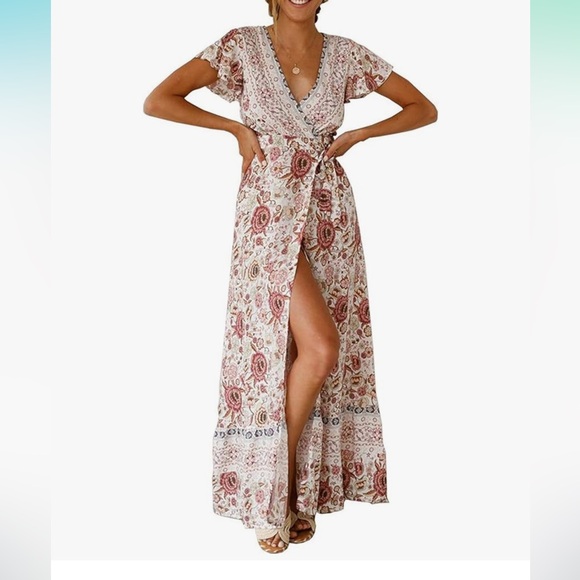Side Split Deep V Neck Short Sleeves Maxi Dress with Belt - Picture 1 of 5